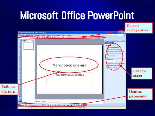 Microsoft Office PowerPoint Рабочаяобласть Панель инструментов Панель рисования Область задач