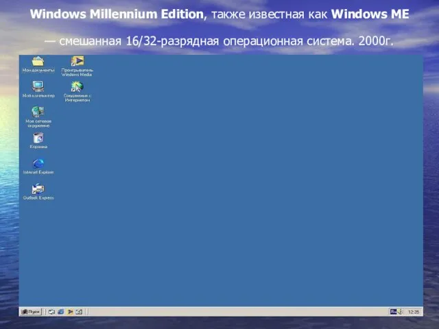 Windows Millennium Edition, также известная как Windows ME — смешанная 16/32-разрядная операционная система. 2000г.
