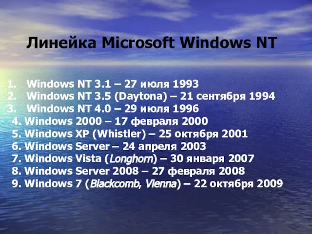 Windows NT 3.1 – 27 июля 1993 Windows NT 3.5 (Daytona) –