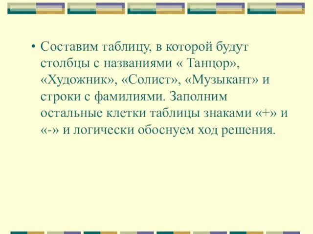 Составим таблицу, в которой будут столбцы с названиями « Танцор», «Художник», «Солист»,