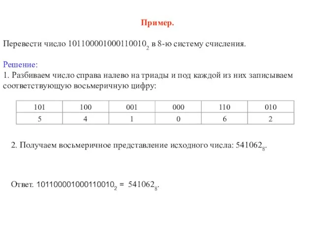 Пример. Перевести число 1011000010001100102 в 8-ю систему счисления. Решение: 1. Разбиваем число
