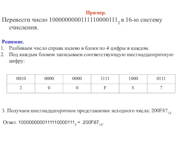 Пример. Перевести число 10000000001111100001112 в 16-ю систему счисления. Решение. Разбиваем число справа