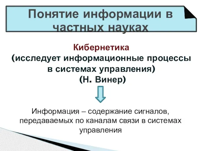 Понятие информации в частных науках Кибернетика (исследует информационные процессы в системах управления)