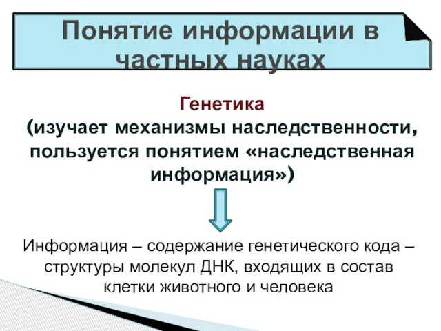 Понятие информации в частных науках Генетика (изучает механизмы наследственности, пользуется понятием «наследственная