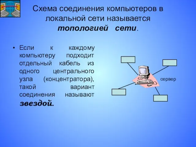 Схема соединения компьютеров в локальной сети называется топологией сети. Если к каждому