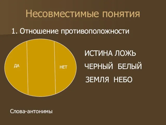 Несовместимые понятия 1. Отношение противоположности Слова-антонимы ИСТИНА ЛОЖЬ ЗЕМЛЯ НЕБО ЧЕРНЫЙ БЕЛЫЙ