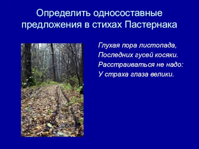 Определить односоставные предложения в стихах Пастернака Глухая пора листопада, Последних гусей косяки.