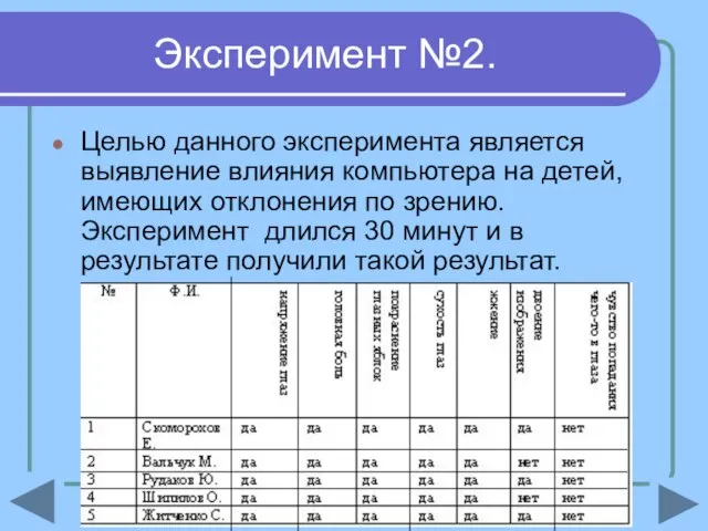 Эксперимент №2. Целью данного эксперимента является выявление влияния компьютера на детей, имеющих