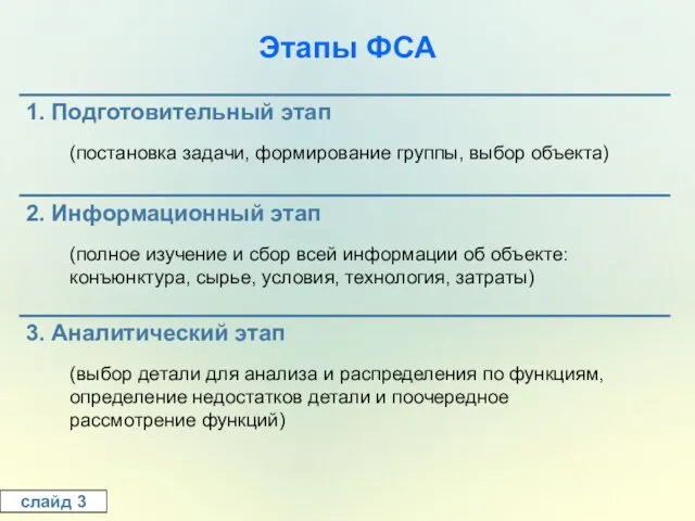 Этапы ФСА слайд 3 (постановка задачи, формирование группы, выбор объекта) (полное изучение