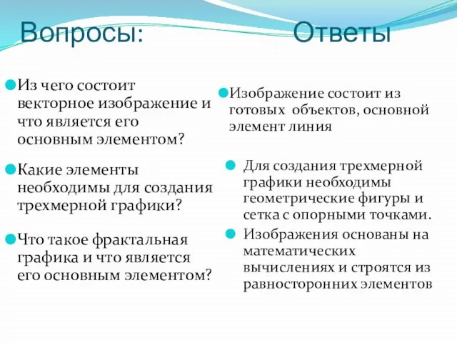 Вопросы: Ответы Из чего состоит векторное изображение и что является его основным