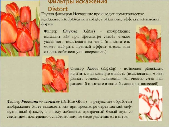 Фильтры искажения Distort Группа фильтров Искажение производит геометрическое искажение изображения и создает