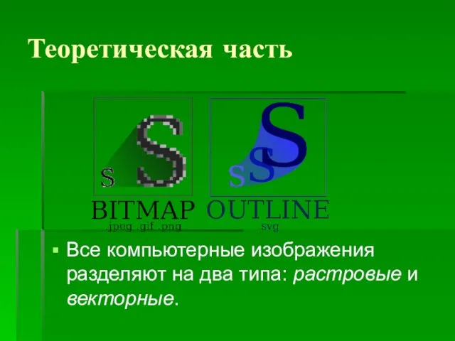 Теоретическая часть Все компьютерные изображения разделяют на два типа: растровые и векторные.