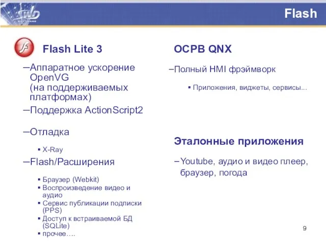 Flash Flash Lite 3 Аппаратное ускорение OpenVG (на поддерживаемых платформах) Поддержка ActionScript2