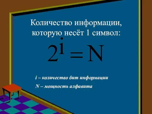 Количество информации, которую несёт 1 символ: i – количество бит информации N – мощность алфавита