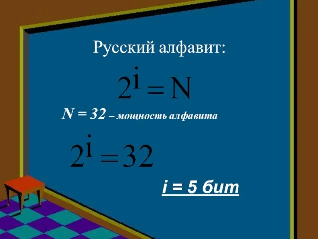 Русский алфавит: N = 32 – мощность алфавита i = 5 бит