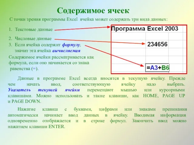 Содержимое ячеек С точки зрения программы Excel ячейка может содержать три вида