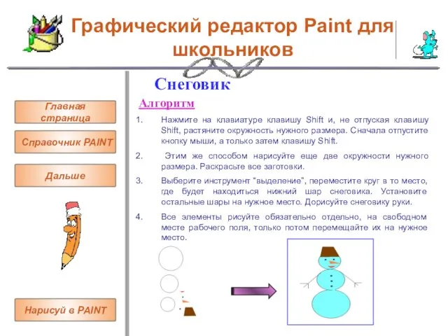 Графический редактор Paint для школьников Снеговик Алгоритм Нажмите на клавиатуре клавишу Shift