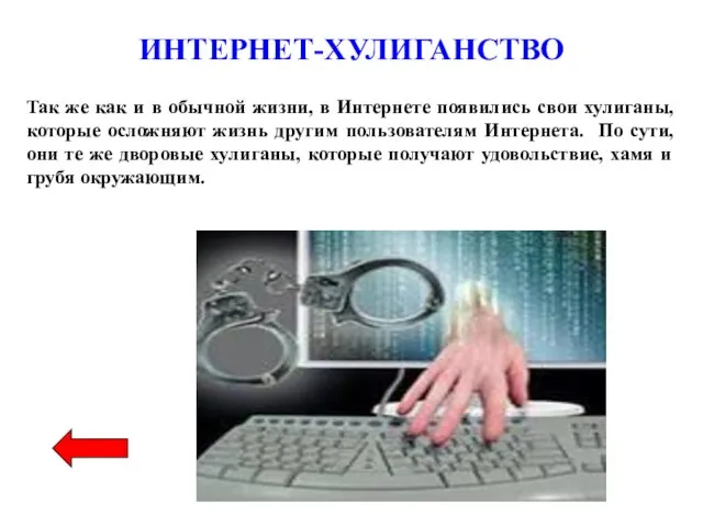 ИНТЕРНЕТ-ХУЛИГАНСТВО Так же как и в обычной жизни, в Интернете появились свои