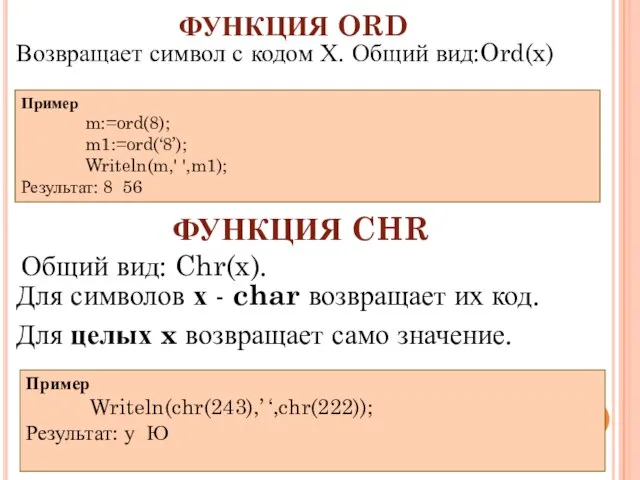 ФУНКЦИЯ ORD Для символов х - char возвращает их код. Для целых