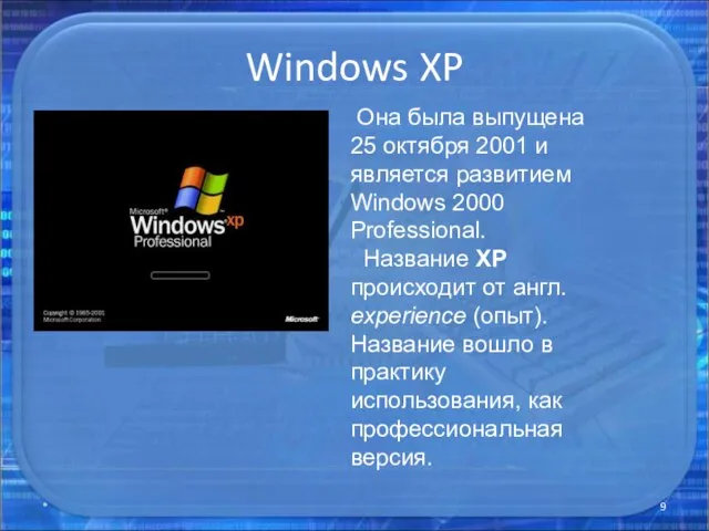 Windows XP * Она была выпущена 25 октября 2001 и является развитием