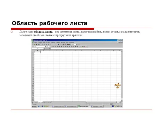 Область рабочего листа Далее идет область листа - все элементы листа, включая