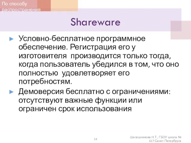 Shareware Условно-бесплатное программное обеспечение. Регистрация его у изготовителя производится только тогда, когда