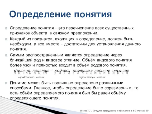 Определение понятия – это перечисление всех существенных признаков объекта в связном предложении.