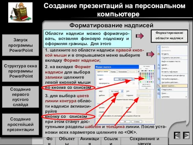 Форматирование надписей Создание презентаций на персональном компьютере Запуск программы PowerPoint Структура окна