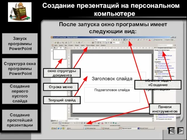 После запуска окно программы имеет следующии вид: Текущий слайд Панели инструментов Строка