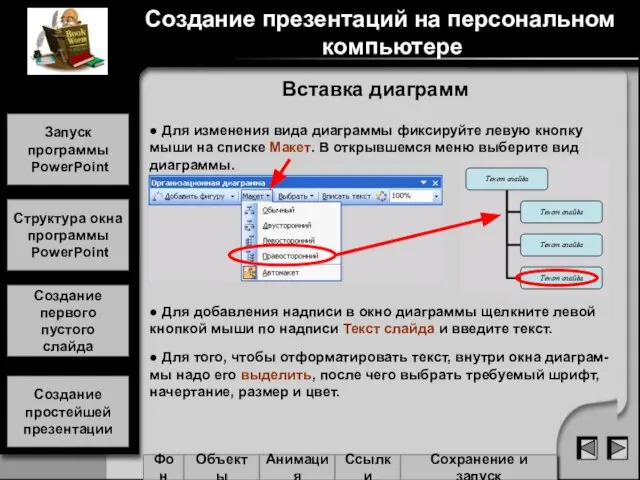 Вставка диаграмм ● Для изменения вида диаграммы фиксируйте левую кнопку мыши на