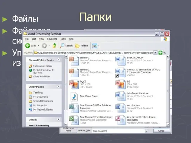 Папки Файлы Файловая система Управление из office