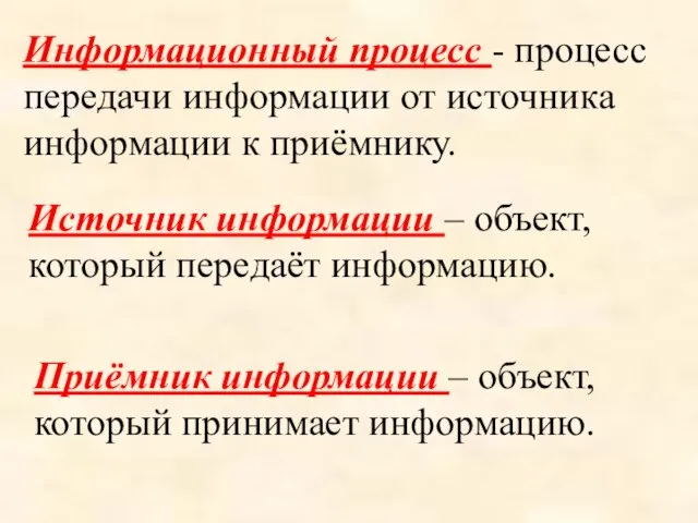 Информационный процесс - процесс передачи информации от источника информации к приёмнику. Источник