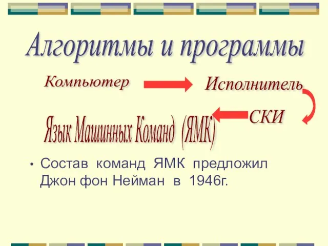 Состав команд ЯМК предложил Джон фон Нейман в 1946г. Алгоритмы и программы