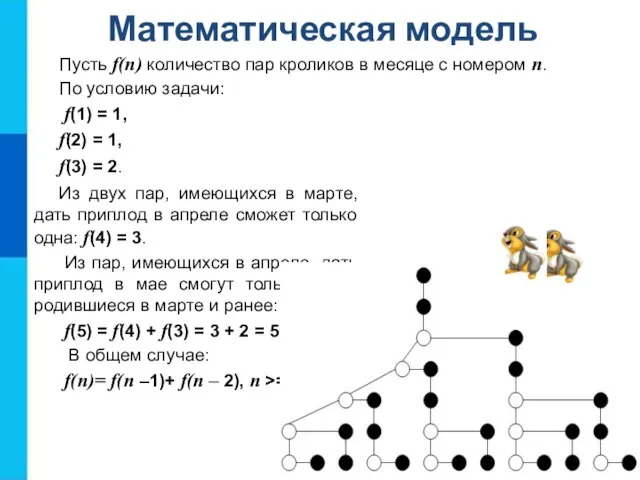 Математическая модель Пусть f(n) количество пар кроликов в месяце с номером n.