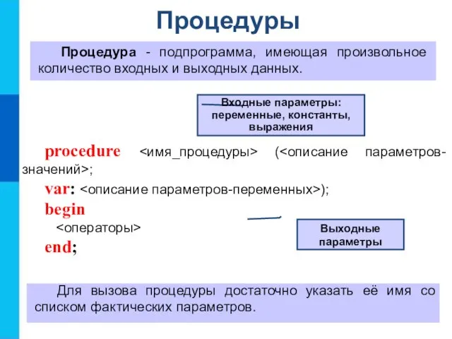 Процедуры Процедура - подпрограмма, имеющая произвольное количество входных и выходных данных. procedure