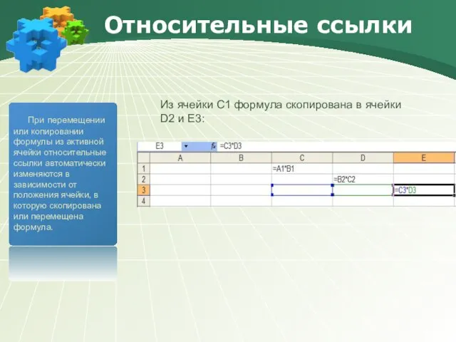 Относительные ссылки При перемещении или копировании формулы из активной ячейки относительные ссылки