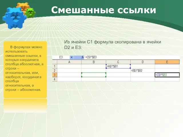 Смешанные ссылки В формулах можно использовать смешанные ссылки, в которых координата столбца