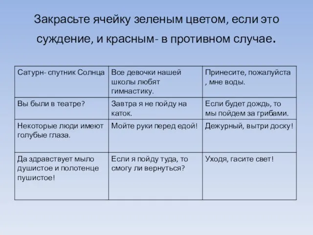 Закрасьте ячейку зеленым цветом, если это суждение, и красным- в противном случае.