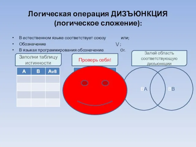 Логическая операция ДИЗЪЮНКЦИЯ (логическое сложение): В естественном языке соответствует союзу или; Обозначение