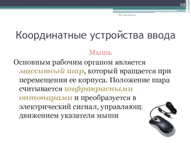 Координатные устройства ввода Мышь Основным рабочим органом является массивный шар, который вращается