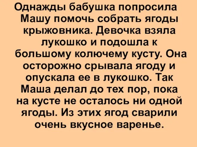 Однажды бабушка попросила Машу помочь собрать ягоды крыжовника. Девочка взяла лукошко и