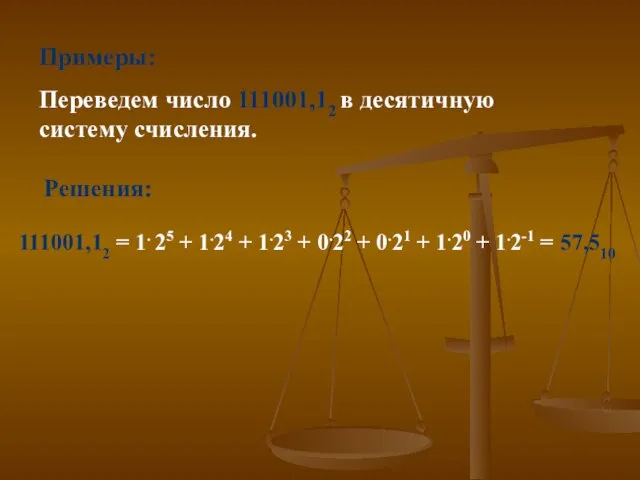 Примеры: Переведем число 111001,12 в десятичную систему счисления. 111001,12 = 1. 25