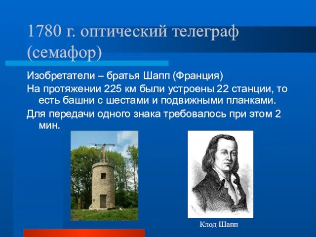 1780 г. оптический телеграф (семафор) Изобретатели – братья Шапп (Франция) На протяжении