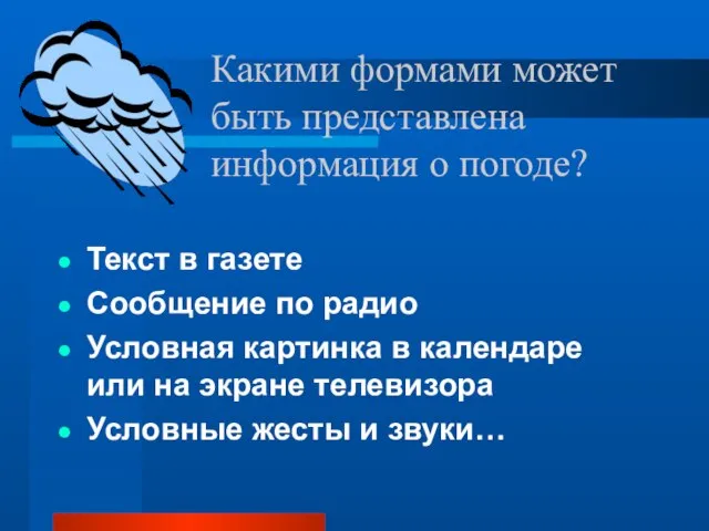 Какими формами может быть представлена информация о погоде? Текст в газете Сообщение