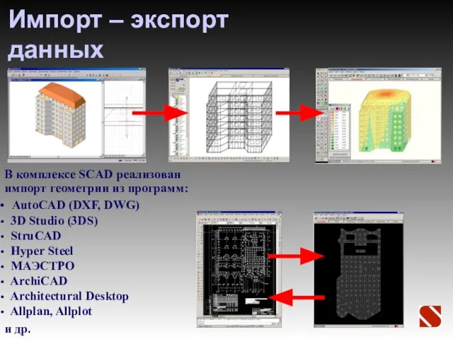 Импорт – экспорт данных В комплексе SCAD реализован импорт геометрии из программ: