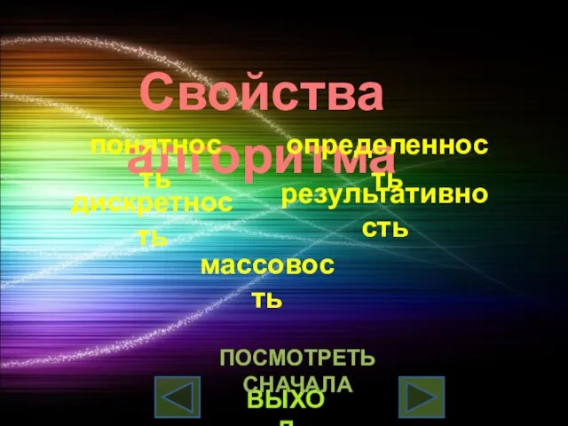 Свойства алгоритма понятность дискретность результативность определенность массовость ВЫХОД ПОСМОТРЕТЬ СНАЧАЛА