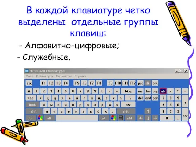 В каждой клавиатуре четко выделены отдельные группы клавиш: - Алфавитно-цифровые; - Служебные.