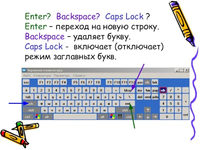 Enter? Backspace? Caps Lock ? Enter – переход на новую строку. Backspace