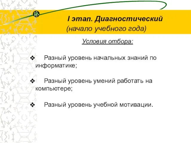 I этап. Диагностический (начало учебного года) Условия отбора: Разный уровень начальных знаний