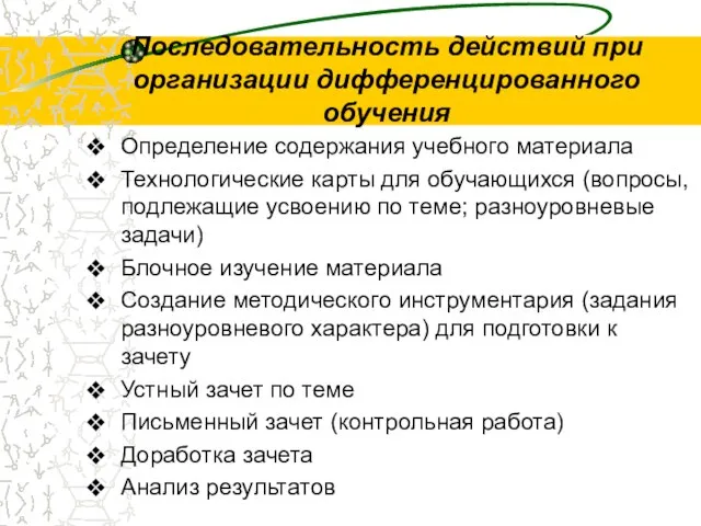 Последовательность действий при организации дифференцированного обучения Определение содержания учебного материала Технологические карты